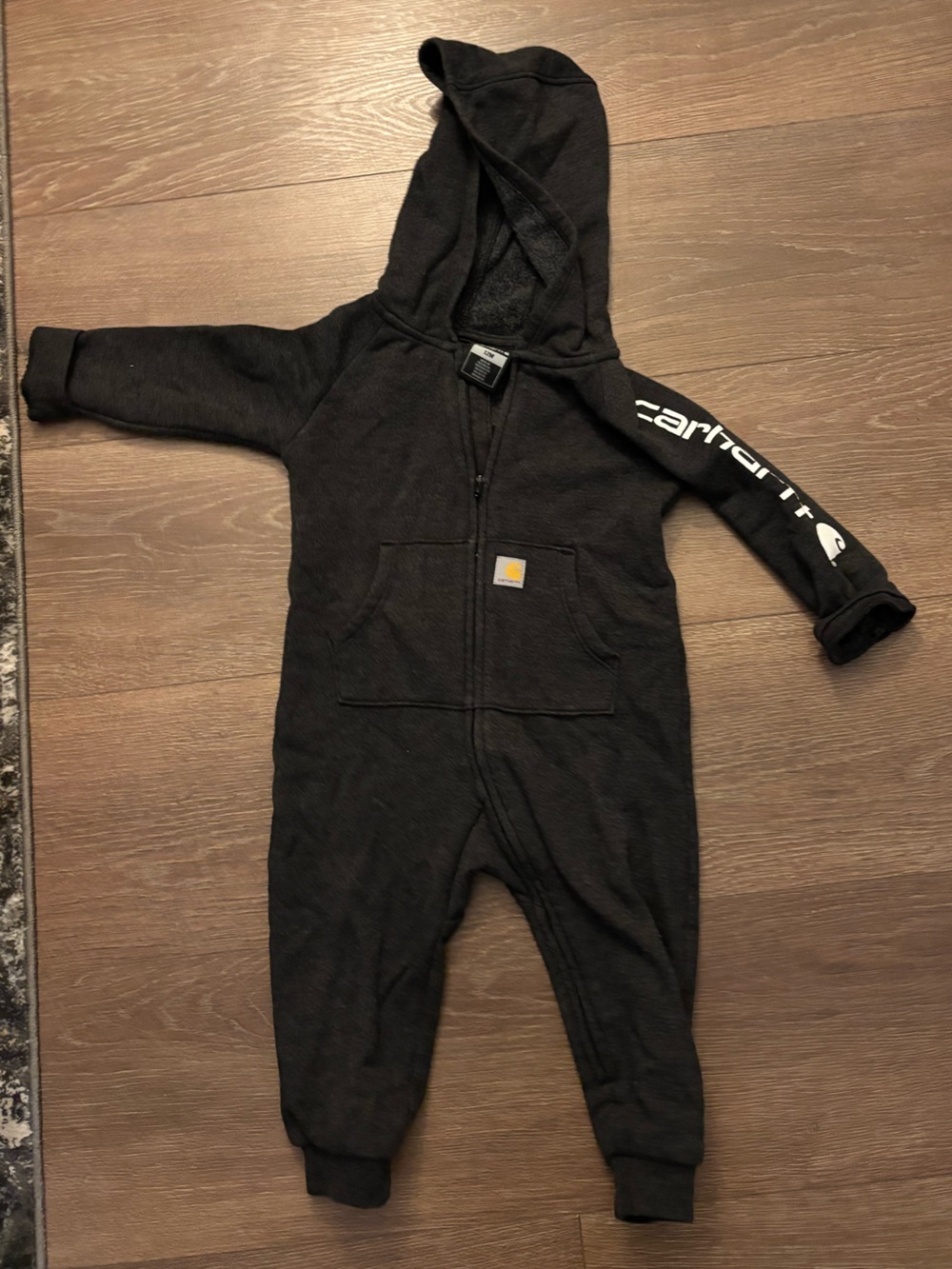 Carhartt dark grey Hooded Infant One-Piece with Sleeve Script
